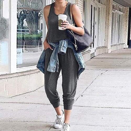 Women Lace Up Sleeveless Jumpsuit Solid Color Casual Slim O-neck Pocket Overalls Summer Elegant Elastic Waist Romper Streetwear