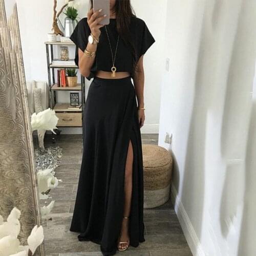 Fashion Women High Split Skirt Set Summer Sexy Cropped Top And Long Skirt Two-piece Sets Black Chic Pullover Lounge Wear Outfits