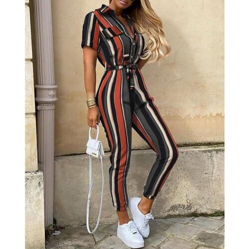 Streetwear White Sexy Bodycon Jumpsuit Women Overalls Rompers 2021 New Stripe Short Sleeve Skinny Summer Womens Jumpsuit S-XXXL