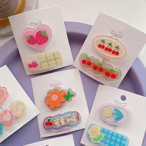2pcs/set Sweet Cute Acrylic Headband for Girl Side Clip Hairpin Fruit Hairpin Strawberry Cherry Hair Clip Girls Hair Accessories