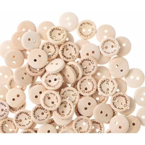 200Pcs 15mm Vintage Wooden Button Two Holes Handmade Letter Sculpture Button for Clothing Sewing Scrapbooking DIY Decorations