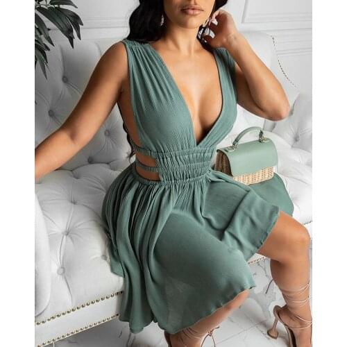 2021 Mini Dresses Side Drawstring Ruched Backless Slim Sexy Bodycon Solid Woman Dresses Plunge Cutout Ruched Backless Dress