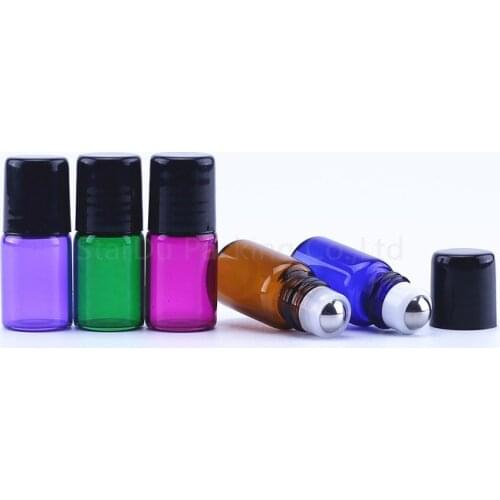 5PC/Pack 2ml Amber blue green Thin Glass Roll on Bottle Sample Test Essential Oil Vials with Roller Metal /Glass Ball