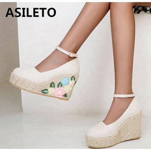 ASILETO New 2021 Women Pumps Round Toe 12.5cm High Wedges Heels Flock Buckle Flower Stylish Platform Big Size 48 Casual A3711