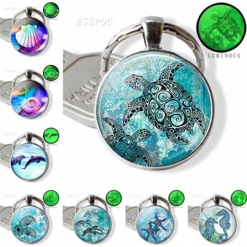 Sea Turtle Dolphin Seashells Keychain Key Chain Ring Luminous Glass Cabochon Jewelry Pendant Fashion Accessories Souvenir Gift
