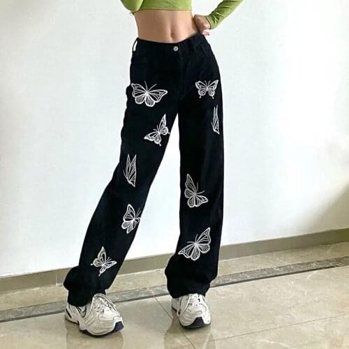 Street style butterfly personality printed jeans womens high waist slim and loose wild black wide-leg mopping pants
