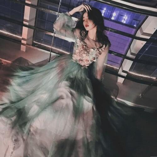 Elegant Green Long Sleeve Qipao Embroidery Long Cheongsam Dress Vestidos Chinos Oriental Wedding Gowns Party Dresses Size XS-3XL