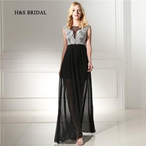 H&S Bridal Black Short Inner Skirt Long Chiffon Prom Dresses White Embroidery Lace Sheer Sexy Party Evening Dresses