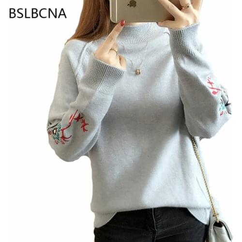 Korean Style 2020 Autumn Winter New Women Clothing Embroidery Sweater Knittwear Long Sleeve Casual Short Knit Tops Female A208