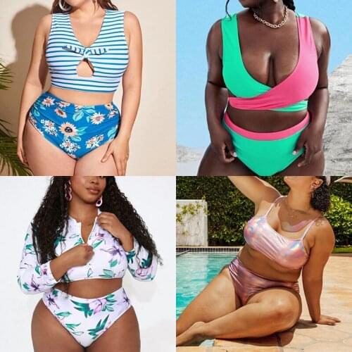 Summer women two Pieces swimsuit Bikini Set Plus Size stripe Push Up sexy Big Large tankini stripe Swimming suit Swimwear