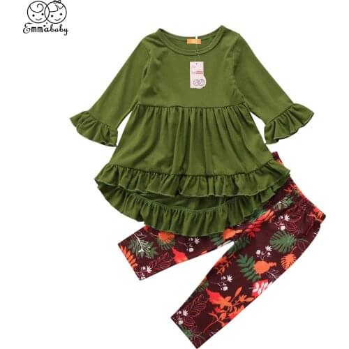 New Cute Kid Girls Clothes Sets Casual Toddler Kids Girls Green Ruffles Sleeve Tops Floral Pants Leggings Outfits Clothes Set