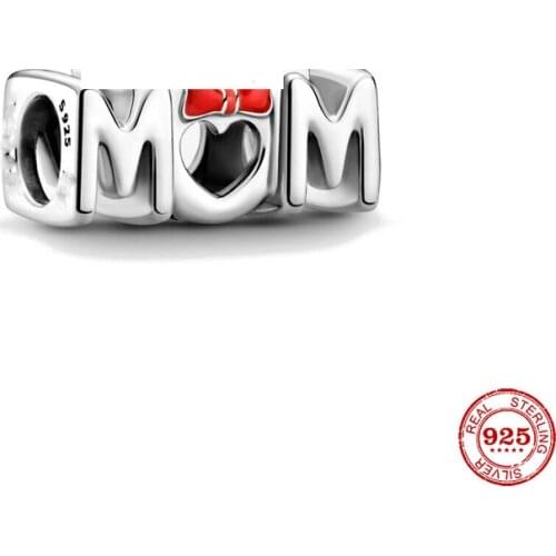 New Original Silver Color Mom With Red Bow Diy Beads Fit European Charms Bracelet Bangles Diy Jewelry P432