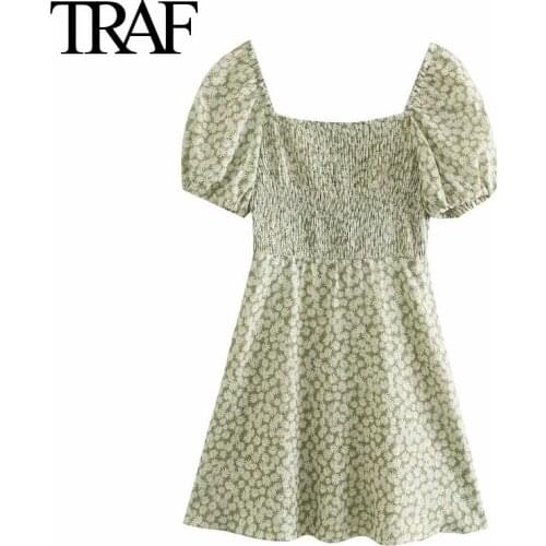 Traf Za Women Clothing Summer 2021 Chic Bubble Short Sleeve Dresses French Fashion A-line Dress Printed Linen Mini Dresses