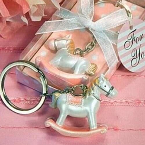 Baby Boy girl Birthday Party Giveaway Gifts Blue pink Rocking Horse Key Chain Baby Baptism Gift For Guest 20pcs