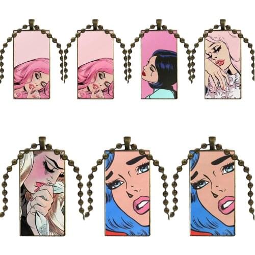 Pink Crying Girl Face Glass Cabochon Pendant Necklace Rectangle Fashion Necklace For Girls Wholesale