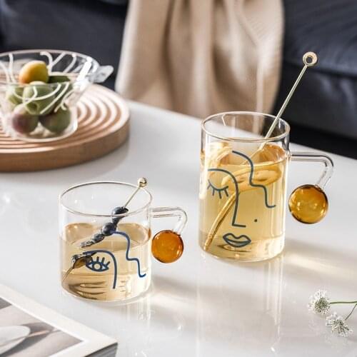 Nordic Art Human Face Glass Cup Water Bottle Transparent Milk Tea Coffee Cups With Spherical Handle Drinkware Glassware