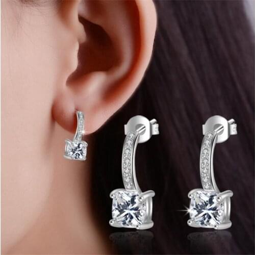 TJP Fashion Crystal Square Rose Gold Stud Earrings For Women Jewelry Girl Top Quality 925 Sterling Silver Earrings Lady Bijou