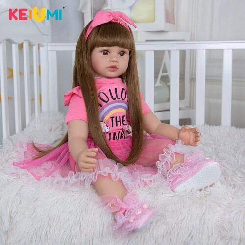 KEIUMI 60CM Long Hair Cloth Body Reborn Baby Girl Accessories Free Rose Red Rainbow Cloud Skirt Alive Reborn