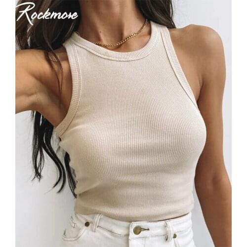 Rockmore Ribbed Tank Tops Women White O-Neck Sleeveless Sexy Crop Top Bodycon Fitness Vest Ladies Black Streetwear Camis Ladies