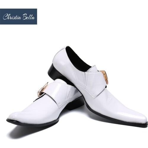 Christia Bella Fashion Mens White Leather Shoes Personality Single Shoes Business Casual Mens Summer Breathable Buckle Oxfords