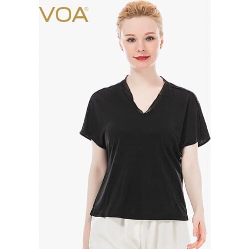 VOA Silk 33m/m Double-sided Knitted Heavy V-neck Shoulder Short Sleeve Bump Splicing Waxy Soft High-elastic T-shirt Woman BE33