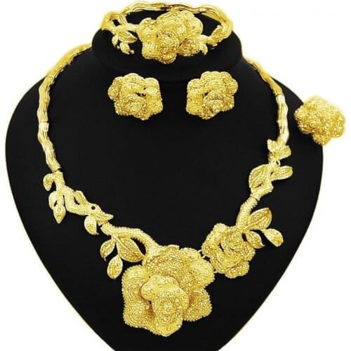 Yulaili Fashion African Jewelry Sets Charm Dubai Gold Crystal Necklace Stud Earrings Bracelet Ring Bridal Jewelery Set Gifts