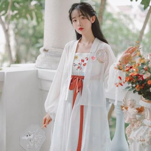Hanfu Sweet Retro Two Piece Set Women Chic Cute Embroidered Cardigan Top+Embroidered Tube Top Retro Sling Dress