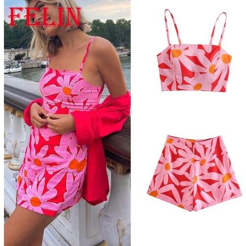 Za 2021 Women Vintage Chic Pink Geometric Sets Sexy Cropped Cami Tops Mujer and High Waist Sheath Mini Skirts Stylish Suits