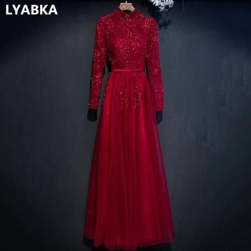 Long Sleeve Evening Dress Elegant Robe De Soiree High Neck Burgundy Evening Dresses Long Dress 2019 Design Vestido De Festa