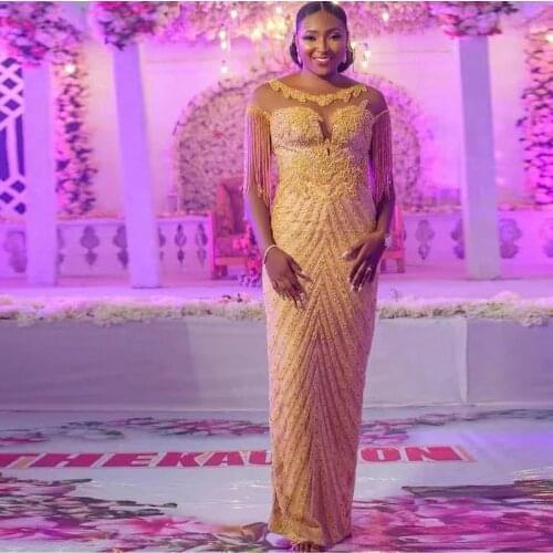 Gold Tassels Mermaid Prom Dresses Aso Ebi Sheer Scoop Sequins Appliques vestidos formales Plus Size Evening Dress African Women