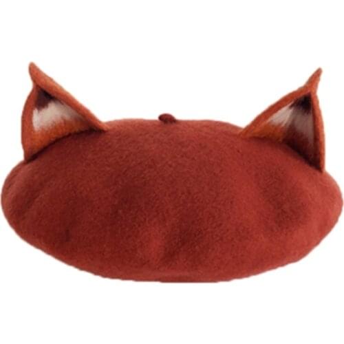 DIY beret hat women autumn wool felt fox ear painter hat retro art handmade hat winter warmth thick