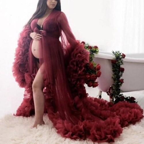 Burgundy Tulle Robe Maternity Dress Long Puffy Sleeves Ruffled See Through Bridal Dress Nightgown Photo Shoot or Baby Shower