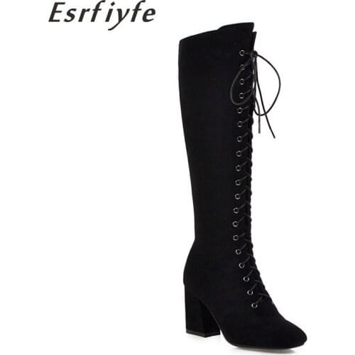 ESRFIYFE 2020 New Woman Lace Up Knee High Boots Winter Warm Plush Gladiator Long Booties Lady Thick Heels Shoes Sapatos Feminino