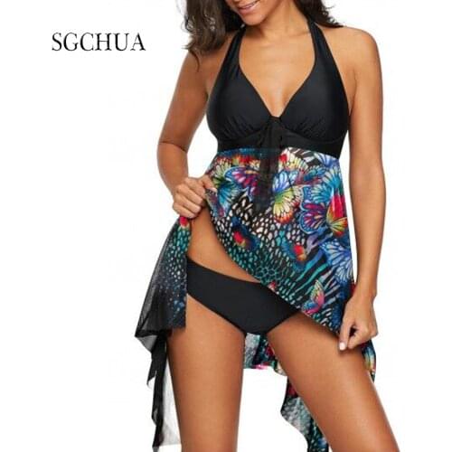 Tankini Colorful Print Dress Plus Size Swimwear S-5XL Backless Bikini Set Big Size 2021 Bathing Suit Women Solid Thong