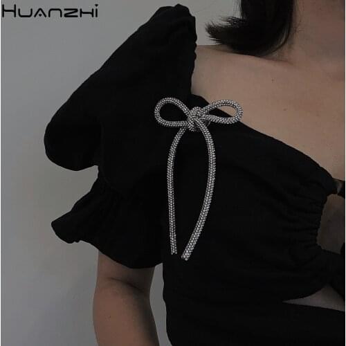 HUANZHI 2020 NEW Korean INS Exquisite Exaggeration Shiny Zircon Bow Long Tassel Brooch for Women Girls Coat Accessories