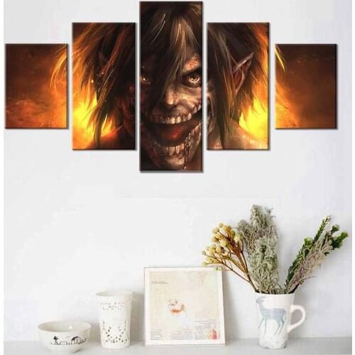 Attack On Titan Poster Shingeki No Kyojin Anime Paintings for Room Wall Decor Frame, 5 Panels For Living Room Boy Bedroom Wall D