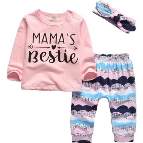 Baby Girls Clothes Set Stylish Letter Mamas Bestie Long Sleeve Top+Pants+Headband 3Pcs/set Outfit Infant Toddler Clothing Set