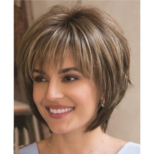 Louise Short Brown Wigs for Women Brown Mixed Blonde Highlights Wig with Bangs Natural Daily Hair