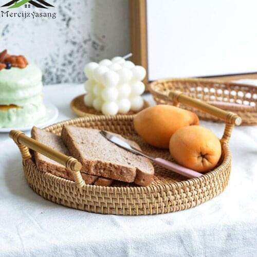 Fruit Basket Handmade Rattan Bamboo Woven Storage Basket Living Room Desktop Round Storage Basket Refreshment Box LPZ013
