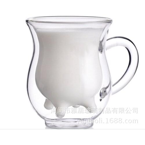 Creative Glass Double Layer Cow Cup High Temperature Resistant Breakfast Milk Cup Juice Cup