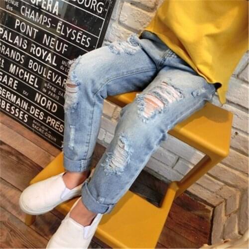 Washed Fashion Baby Boys Girls Jeans Casual Broken Hole Children Denim fabric High Quality Pants Summer Loose Ripped Kids Jeans