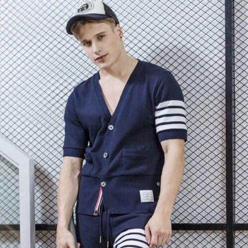 2021 Fashion TB THOM Brand T-Shirt Men Short Striped Casual Clothing Summer V-neck Cotton Personality Coat