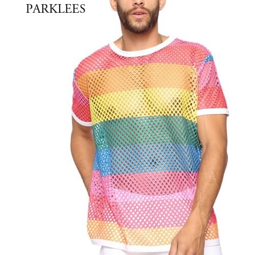 Fashion Sexy Mesh Men T Shirts Rainbow Party Tshirt Men Clothes 2019 See-through Fishnet Men T-shirt Streetwear Mens Tshirt Top
