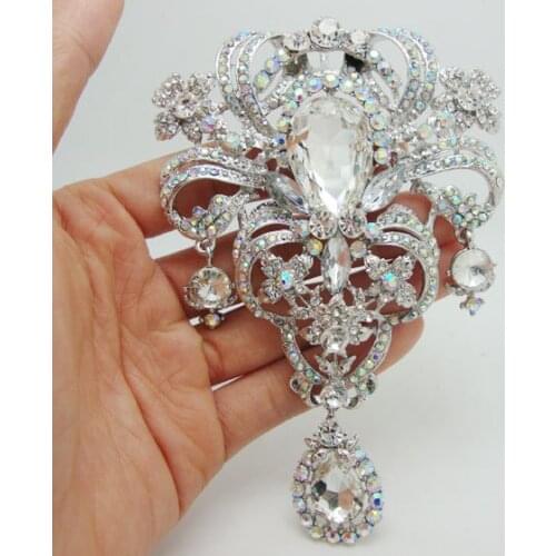 Bride Huge Flower Pendant Brooch Pin Clear Rhinestone Crystal