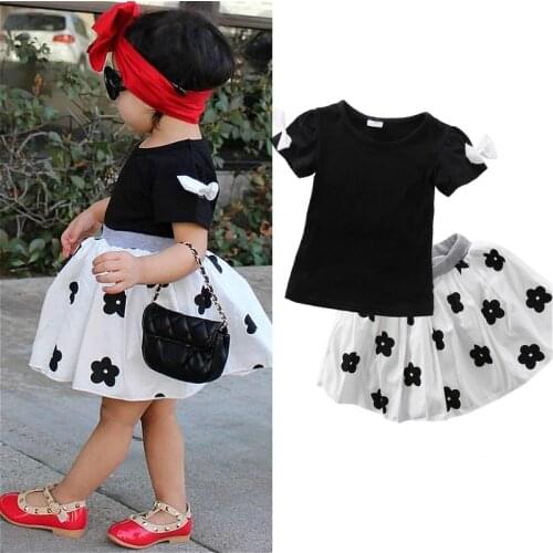 1-6Y Kids Baby Girls Clothes Sets 2021 Summer Children Bow Short Sleeve T-shirt + Polka Dot A-line Skirts Casual Girls Outfits