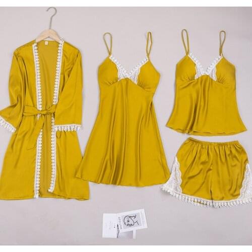 Sexy Blue White Flower Printed Satin Pajamas Sleepwear Ice Silk Robe Sling Shorts 3Pcs Homewear Womens Nightwear Pyjamas Set