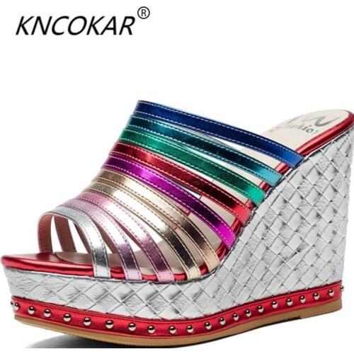 KNCOKAR2018Rainbow slope and cool slippers waterproof platform thick bottom height heel sandals sexy skinny fish mouth slippers