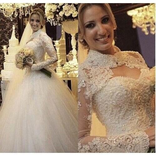 Vintage Muslim Wedding Dress 2021 Pearls Beading Long Sleeve High Collar Custom Made Arab Wedding Dresses Bridal Gown W0355