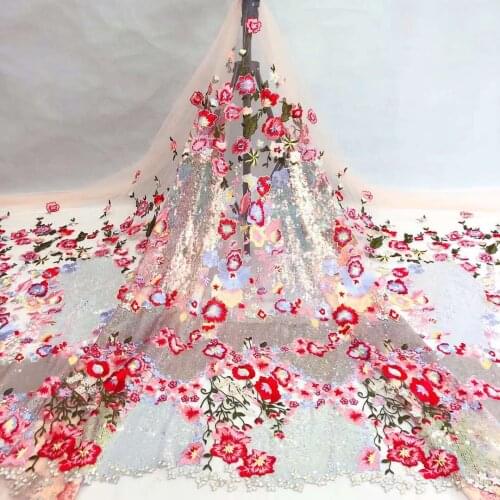 High Quality Hot Sale French Mesh Lace Fabric Sequins Multicolor Tulle Embroidery Sewing Party Bridal Gown Wedding Dress 5 Yards