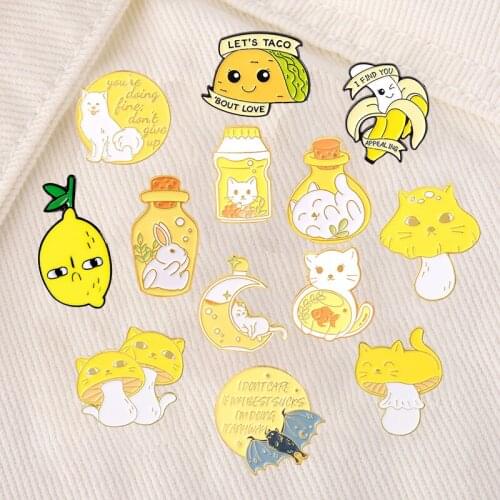 Mushroom Cat Enamel Pin Lemon Plant Animal Moon Bunny Brooches For Women Cute Cartoon Badge Bag Clothes Lapel Jewelry Wholesale